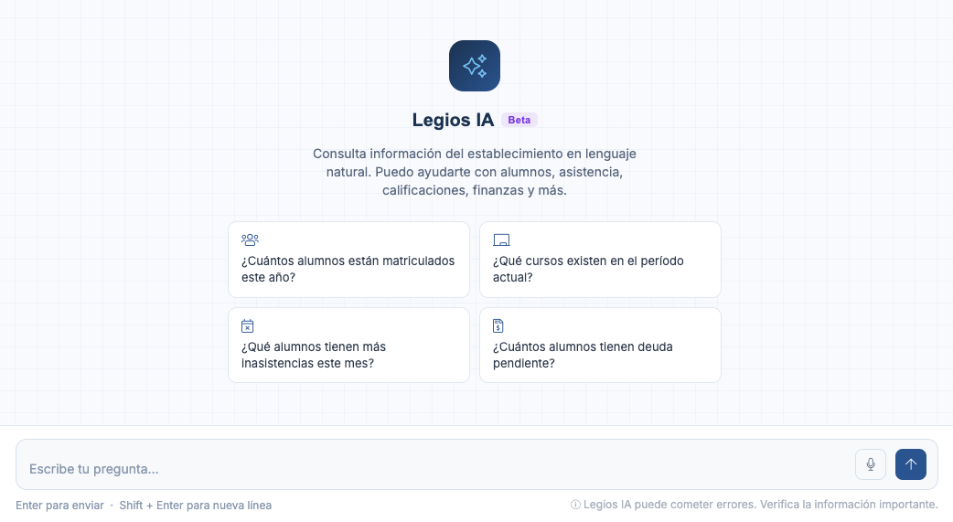 Pantalla de Legios IA con preguntas sugeridas sobre matrícula, cursos, inasistencias y deuda pendiente